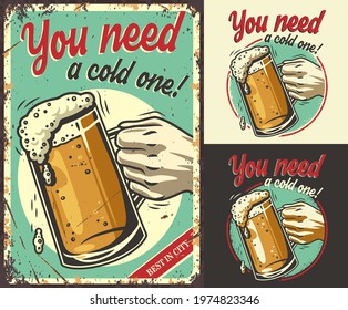 Set of poster, t-shirt print or emblem with craft lager beer mug with foam. Pint in hand for bavarian oktoberfest