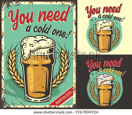 Set of poster, t-shirt print or emblem with craft lager beer mug with foam. Barley for bavarian oktoberfest
