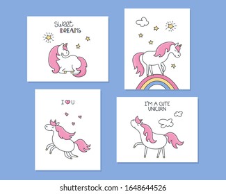 Juego de afiches con unicornios y letras. Personajes de caricaturas de cutáneos de caricaturas. Ilustración vectorial.