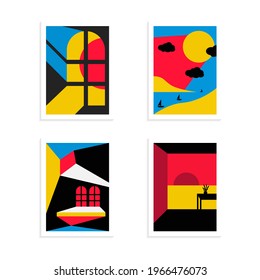 Set poster Vector Abstract Colorful Geometric and sunset theme pattern background illustration. Set of Abstract tropical beach atmosphere background for Cover, Poster, and print in Eps 10