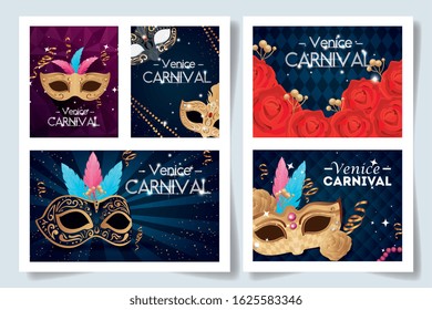 set poster of venice carnival with decoration vector illustration design