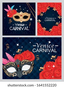 set of poster venice carnival with decoration vector illustration design