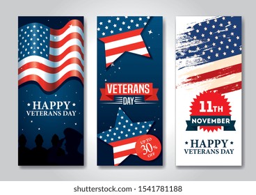 set poster of veterans day celebration vector illustration design