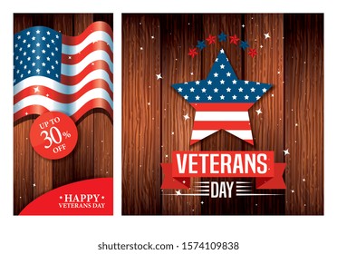 set of poster veterans day with promotion and decoration vector illustration design