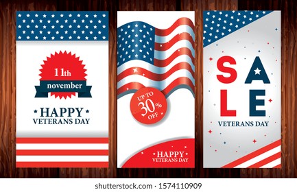 set of poster veterans day with promotion and decoration vector illustration design