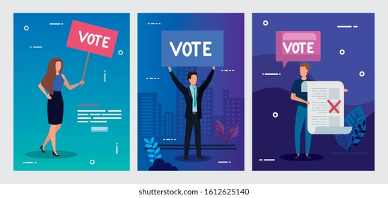 set poster of vote with business people vector illustration design