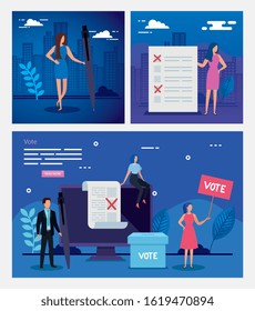 set poster vote with business people and icons vector illustration design