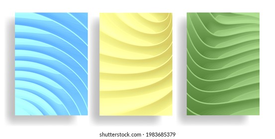 Set of poster or web banner backgrounds with 3d plastic waves texture in pastel soft colors