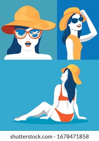 set poster of women with hats summer vector illustration design