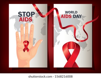 set poster of world aids day with ribbon vector illustration design
