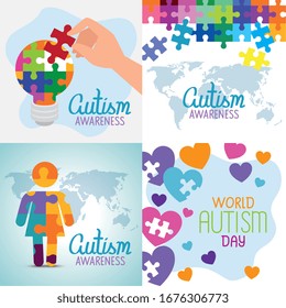 set poster of world autism day with decoration vector illustration design