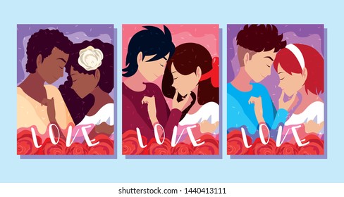 set of poster with young couples in love with roses decoration
