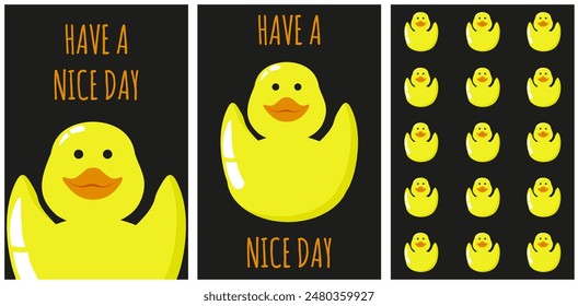 Set posterd design with cute yellow Duck. Duckduckjeep trend card collection. Funny children vector with Rubber Duck can used web and social media.