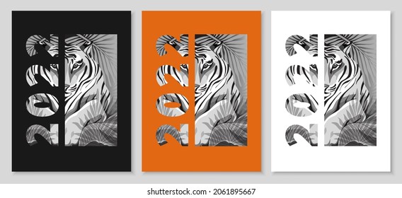 Set of posters 2022 chinese new year mascot, black and white tiger character in jungle leaves, head close up, eyes look straight ahead, number as mask. Different background colors. Vector illustration