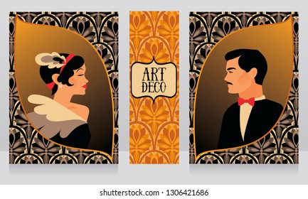 Set of posters for 20s style classical party with retro lady and gentleman, black and golden palette, vector illustration