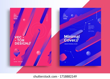Establecer pósters con formas de degradado 3d y elementos gráficos. Diseño de portada con composición de formas geométricas de color rojo y azul. Mínima composición futurista para los volantes.