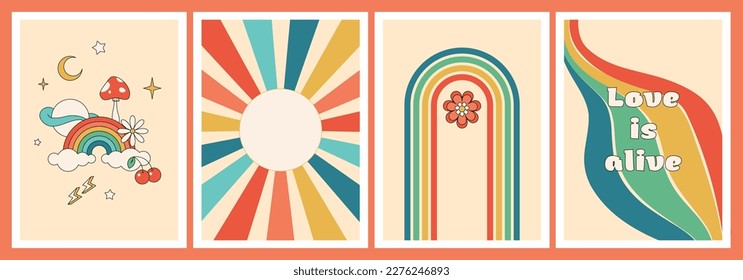 Set of posters in 70s retro vintage style. Cute 1970s vector graphic background with flowers, rainbow and mushrooms. Abstract stylish illustration of hippie style linear frame.