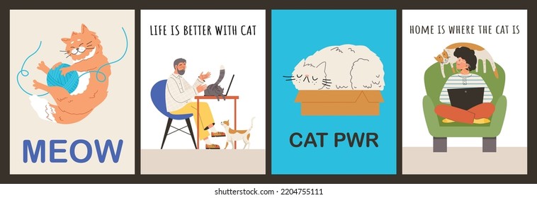 Set of posters about cat's behavior flat style, vector illustration isolated on dark background. Pets with people, playing with ball of thread, sleeping in box