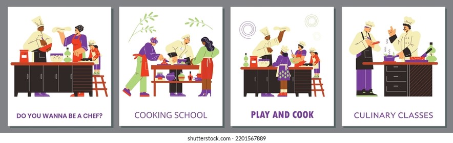 Set of posters about culinary classes and cooking school flat style, vector illustration isolated on gray background. Chef teaching children and adults, happy people