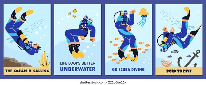 Set of posters about scuba diving flat style, vector illustration isolated on blue background. Characters in special suits with fins and oxygen tanks explore underwater world