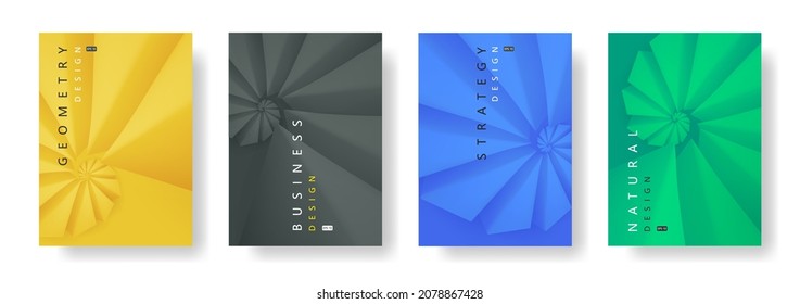 Set of posters with abstract backdrop od triangles twisting in a shape of golden ratio or shell, cover or banners