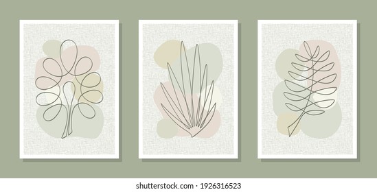 Set of posters with abstract botanical pattern. Twigs, leaves drawn with a thin dark line, on green, beige spots of a rounded shape. Art design for interior decoration, cover, walls, prints. Vector.