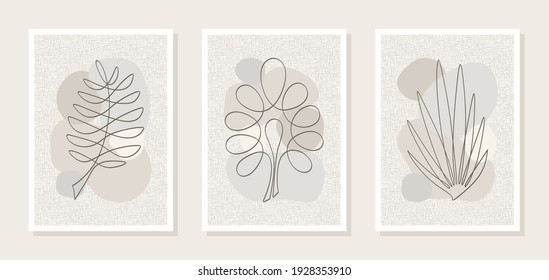 Set of posters with abstract botanical pattern. Twigs, leaves drawn with a thin dark line on grey, beige spots of a rounded shape. Art design for interior decoration, cover, walls, prints. Vector.