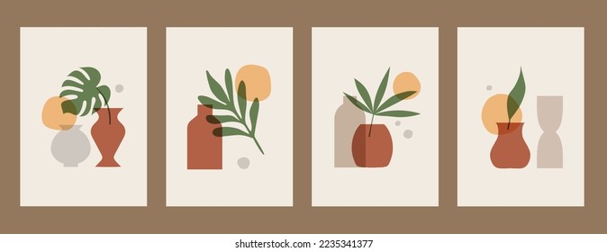 Set of posters with abstract concepts and pastel colors. Plant leaves, Great design for social media, postcards, prints, wall decoration. Vector illustration