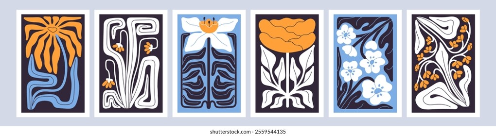 Set of posters with abstract crooked flowers. Cards with stylized wildflowers, bloom plants with whimsical leaves. Modern wall art with floral shapes for interior decoration. Fat vector illustrations