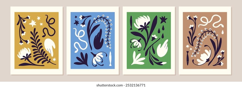 Conjunto de cartazes com flores abstratas em estilo mínimo. Flores silvestres, plantas floridas com folhas em quadros com quadro. Decoração de casa, arte de parede floral para decoração de interiores. Ilustrações de vetor planas