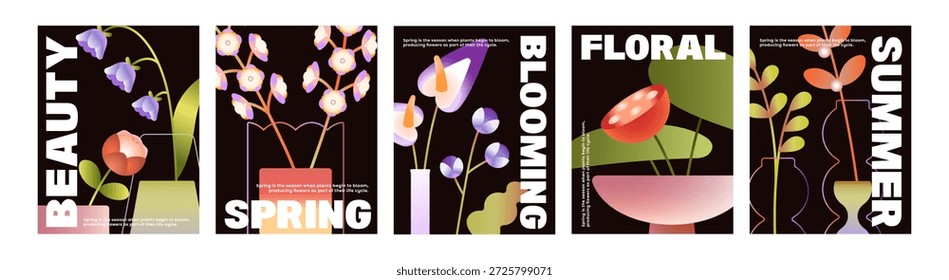 Conjunto de cartazes com flores abstratas em vasos. Projetos de modelos com plantas florescentes em vasos de vidro e cerâmica com diferentes formas geométricas. Layouts com buquês. Ilustrações de vetor planas
