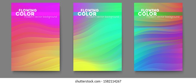 Set of posters with abstract flowing pattern. Modern background with colorful gradient lines. Wavering liquid shape. Flow of color ink. Vector illustration EPS10