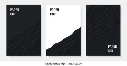 A set of posters. Abstract geometric background in paper cut style. Smooth lines. Design for brochures, posters, flyers, advertising. Vector illustration