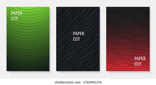 Un conjunto de afiches. Resumen del fondo geométrico en el estilo de corte de papel. Líneas suaves. Diseño para folletos, carteles, volantes, publicidad. Ilustración del vector