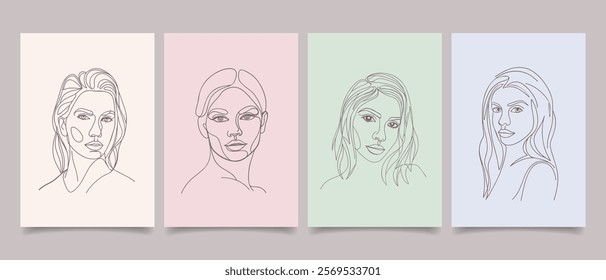 Set of posters with abstract modern portraits of beautiful young women. Line art. Hand drawn illustration.