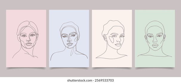 Set of posters with abstract modern portraits of beautiful young women. Line art. Hand drawn illustration.