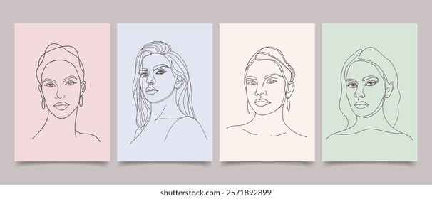 Set of posters with abstract modern portraits of beautiful young women. Line art. Hand drawn illustration.