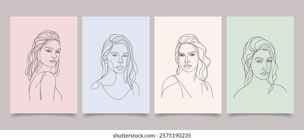 Set of posters with abstract modern portraits of beautiful young women. Line art. Hand drawn illustration.