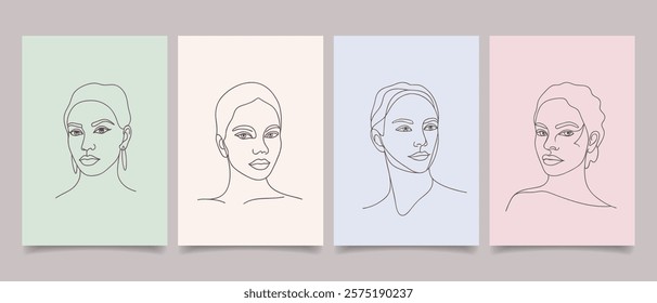 Set of posters with abstract modern portraits of beautiful young women. Line art. Hand drawn illustration.