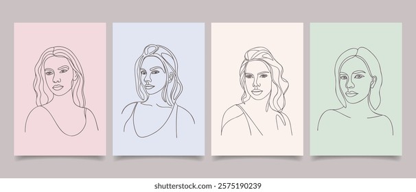 Set of posters with abstract modern portraits of beautiful young women. Line art. Hand drawn illustration.