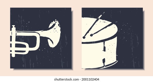 A set of posters. Abstract musical instruments such as saxophone and drum. Vector illustration.