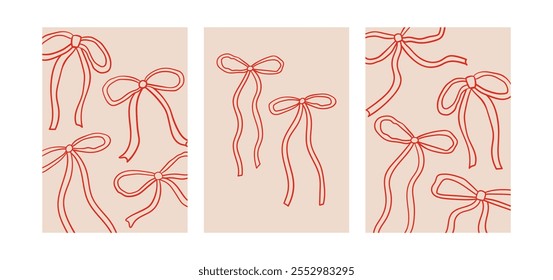 Set of posters with abstract quirky wavy bows. Vector outline hand drawn illustration of ribbons. Vintage coquette aesthetic. Holiday greeting cards template