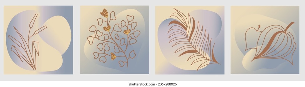 Set of posters with abstract shapes and tropical leaves in trendy contemporary collage style in natural pastel colors. Four posters in square format.