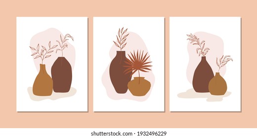  A set of posters with abstract still life in neutral colors. Boho minimalist wall décor. Vector illustration. 