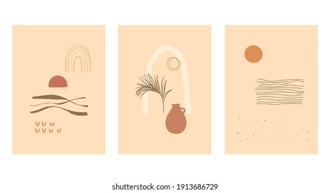 A set of posters with abstract still lifes in pastel colors. Primitive forms on the theme of nature in beige tones. Flat modern vector illustration.