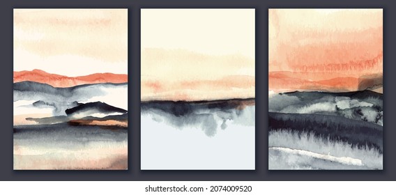 Set von Plakaten mit abstrakten Aquarelllandschaften in Korallen- und Graufarben. Himmel und Tal, Meer, Wasser, Felder. 