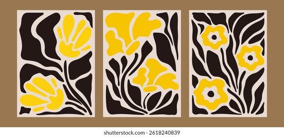Set of posters with abstract yellow flowers. Wall art. Vector.