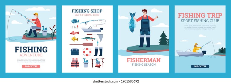 A set of posters with advertise of hobby and leisure catch fish, trip and adventure in fishing season, sport club and fishing equipment for fisherman. Vector flat illustrations.