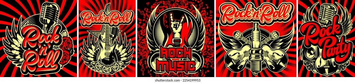 A set of posters for advertising concerts. Elements on the theme of rock music. Colored vector templates. Editable image.