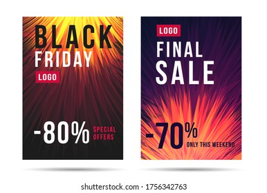 Set of posters for advertising promo of sale discounts with typography and percent, layout template with abstract explosion graphic